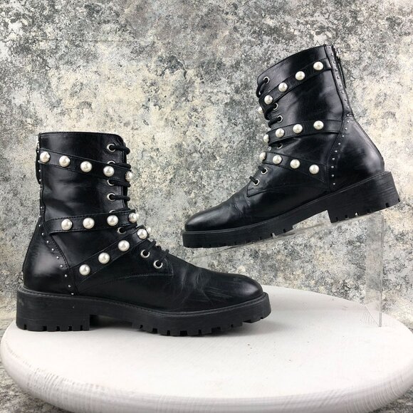 Zara Women's EU 39 Basic Collection Black Pearl Studded Lace-Up Combat Boots - Picture 10 of 15